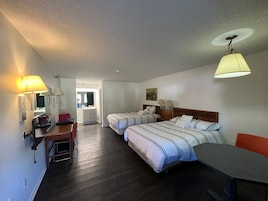 Habitación de hotel con dos camas, una mesa de comedor, una silla, una lámpara y un aplique de techo.