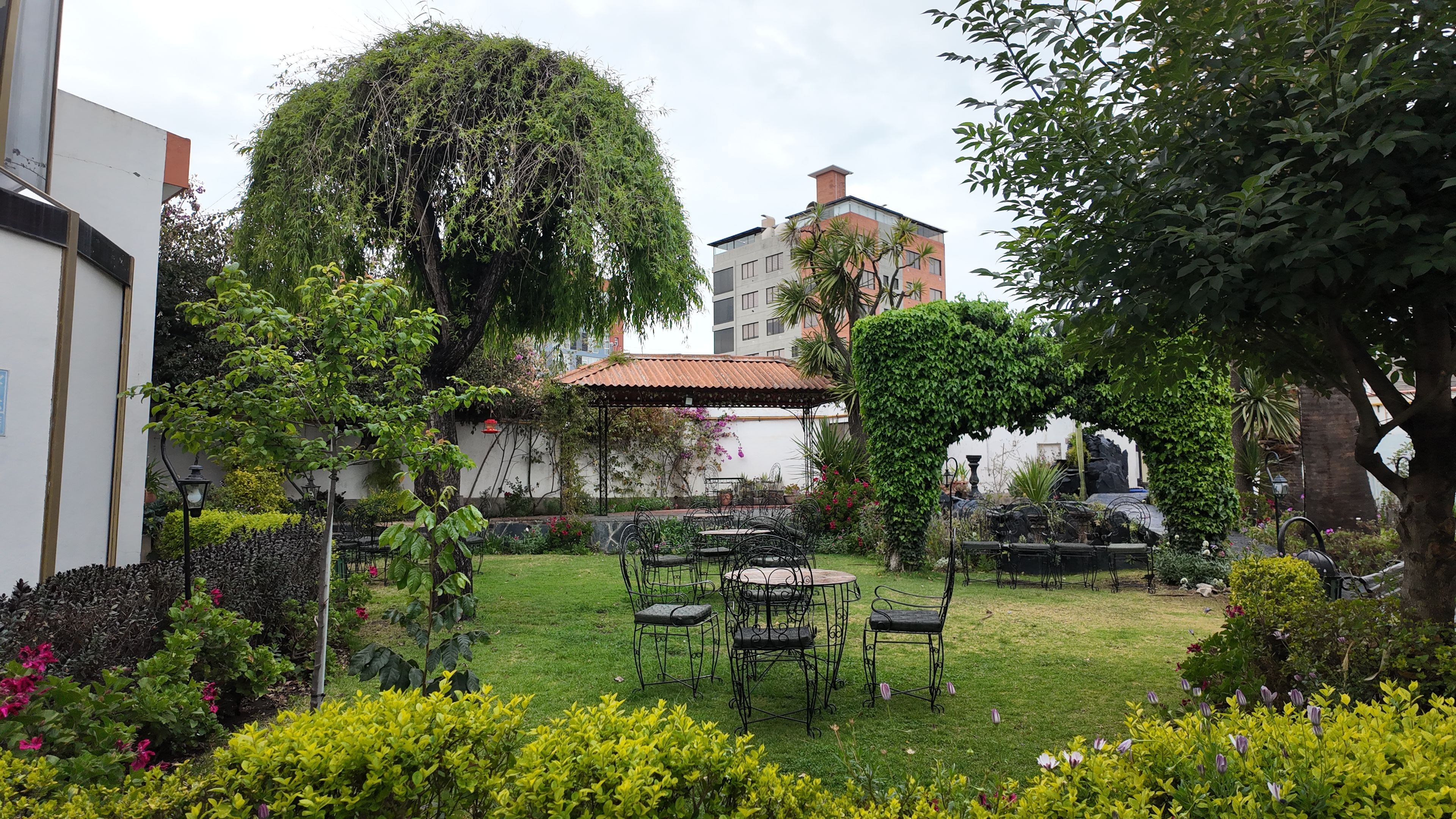 Un jardín con un porche, mobiliario exterior y una diversidad de plantas.
