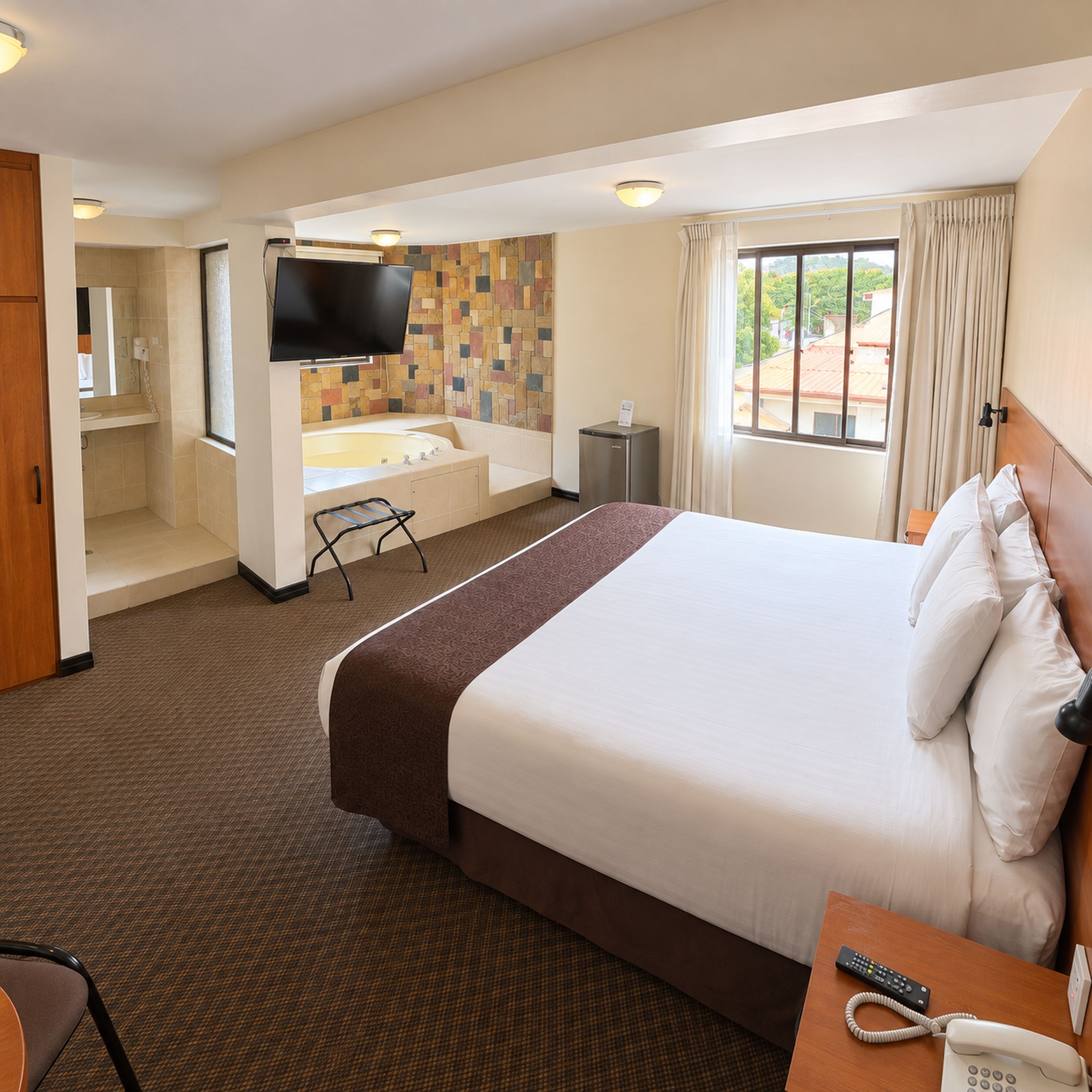 Habitación de hotel con una cama grande, baño con bañera, televisor de pantalla plana y ventana con cortinas.