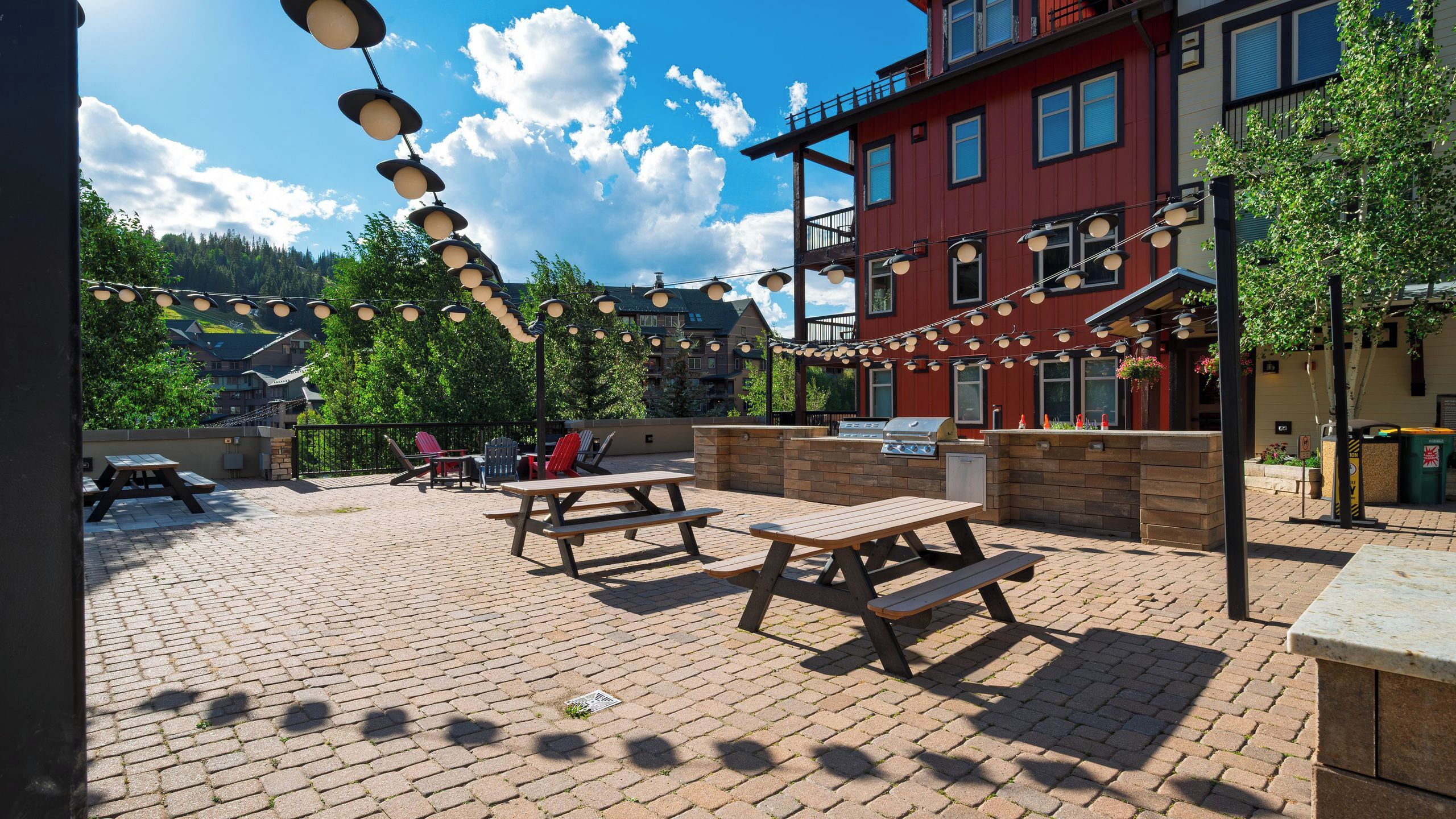 An outdoor patio area with picnic tables and string lights.
