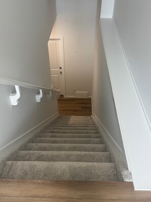 A staircase with carpeted steps leading to a door. - Cozy 1 Bedroom Legal Basement Suite, Shops, transit close by. 15min. to Airport, (Edmonton)