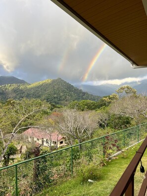 A view from a balcony with a wooden railing, overlooking a lush green landscape with a house and mountains in the distance. - Perfect 1-bedroom apartment in beautiful Bajo Boquete getaway (Bajo Boquete)