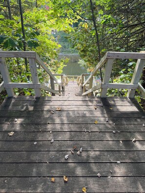 Eine Holzbrücke mit Geländern führt zu einem Gewässer, umgeben von Bäumen.