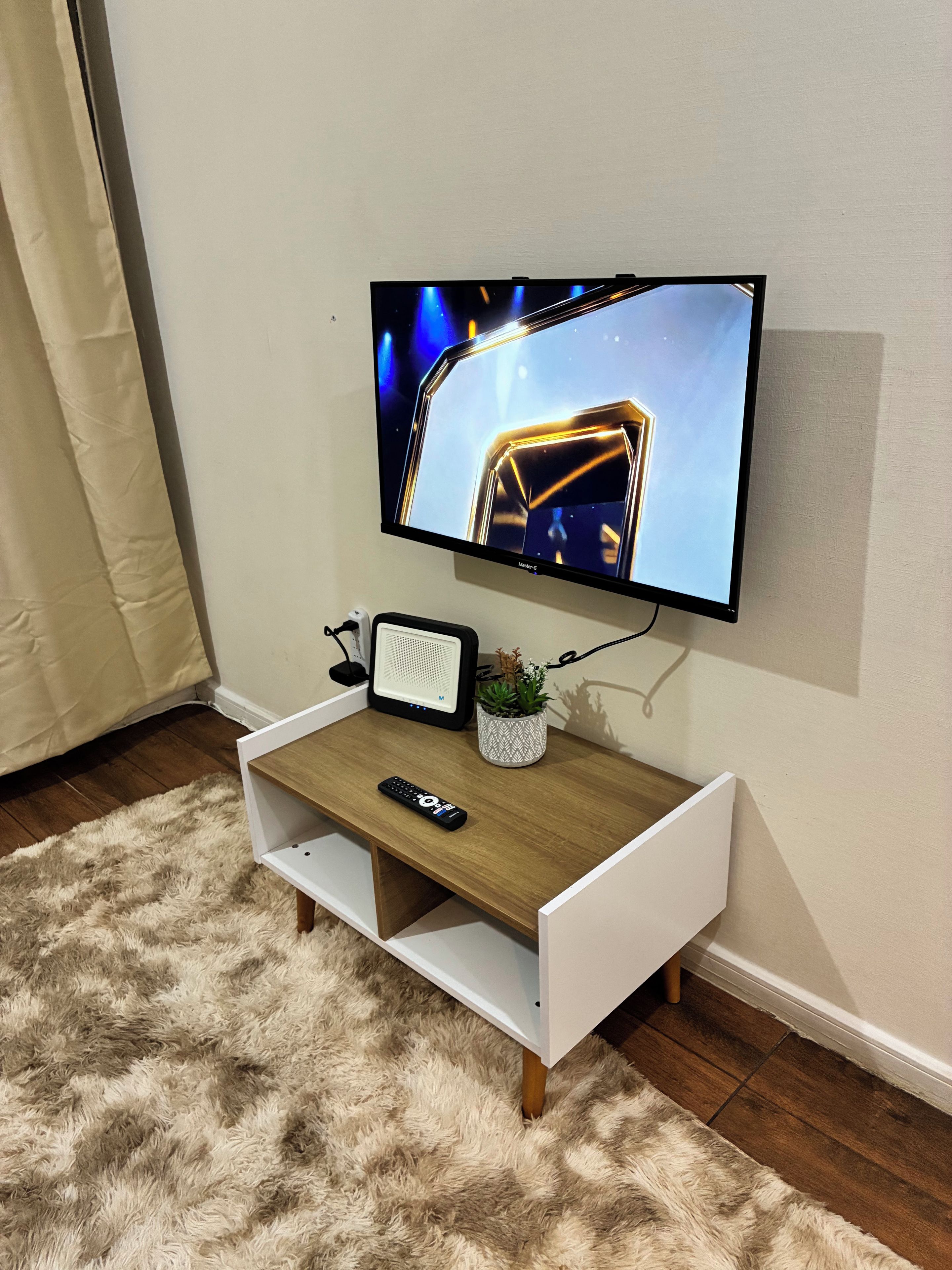 A flat-screen TV mounted on a wall, a remote control, a small white speaker, and a decorative plant on a wooden TV stand.