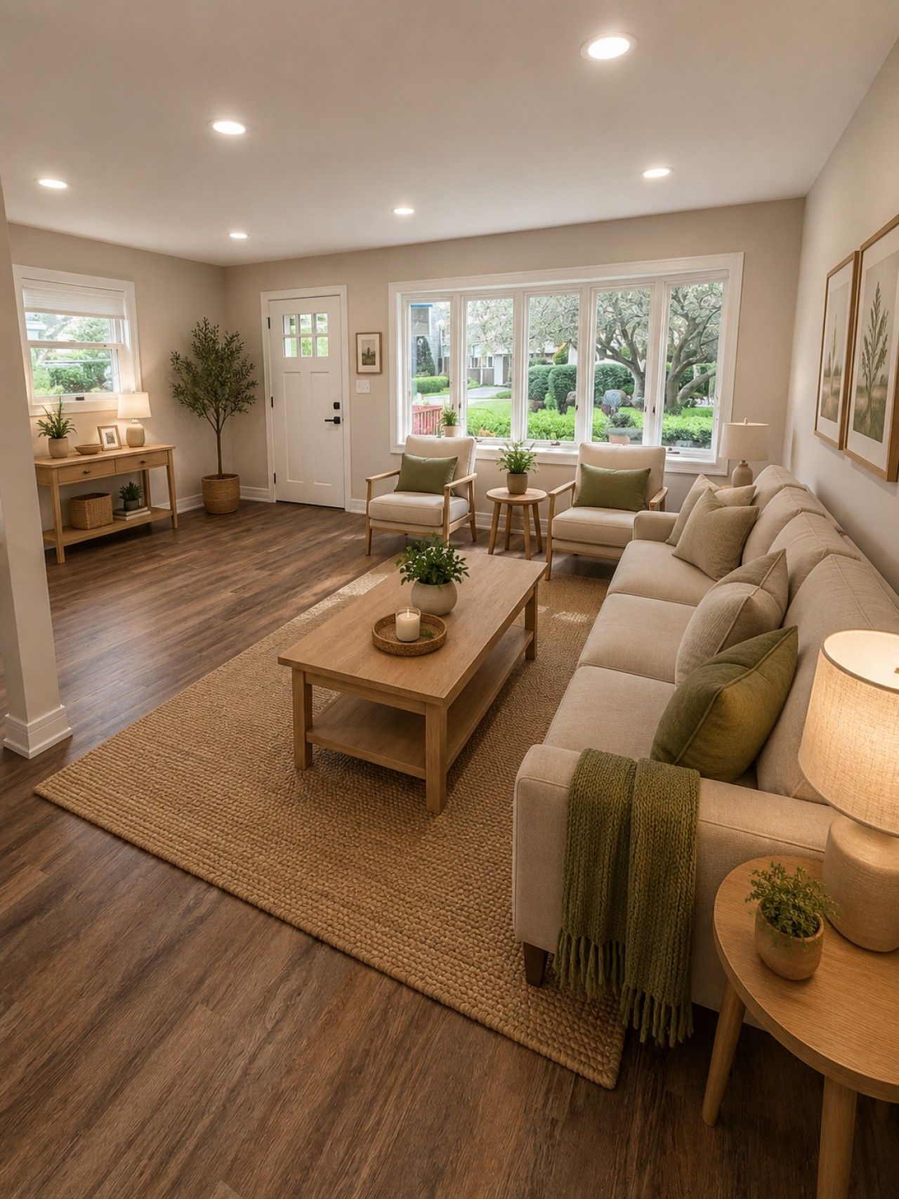A living room with a sofa, armchairs, a coffee table, and a dining table. There are windows with a view of greenery outside.