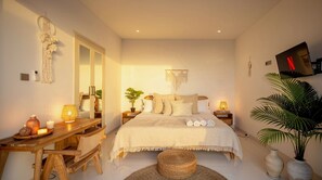 A bedroom with a bed, bedside tables, a desk, and a chair. - Bohemian Chic Villa Brand New 2BR with Private Pool, Next To Obsidian & Paddle (Kabupaten Badung)