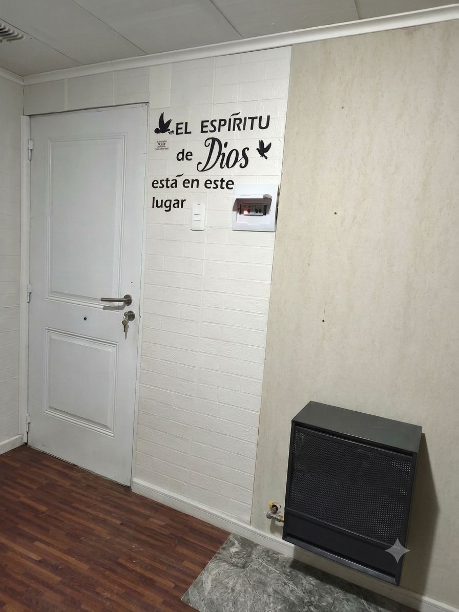 Um quarto com uma porta branca, uma parede com uma citação religiosa e um aquecedor preto.