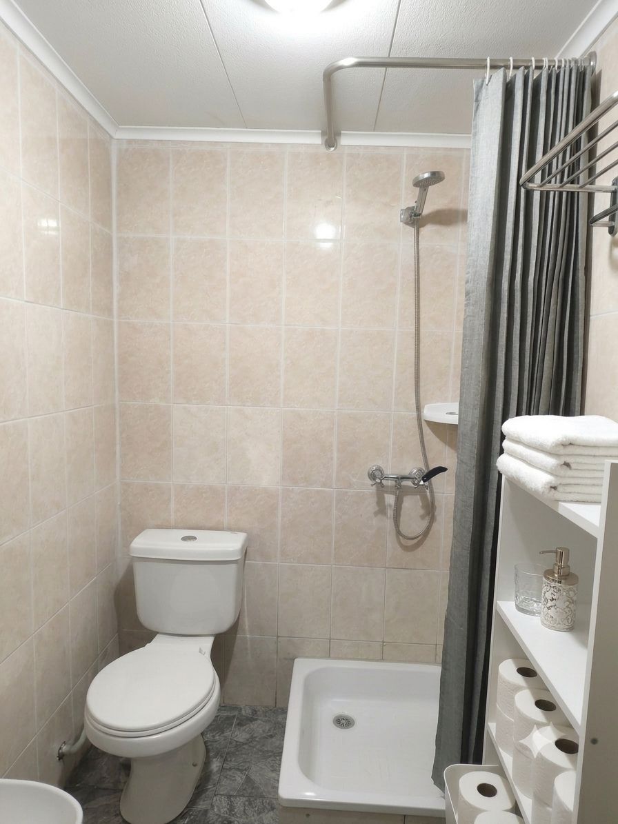 Ein kleines Badezimmer mit Toilette, Dusche und Waschbecken.