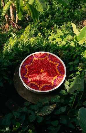A bowl of colorful flower petals on a stone surface surrounded by lush greenery.