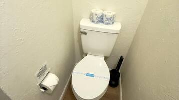 A small bathroom with a toilet, two rolls of toilet paper, a toilet brush, and a paper towel holder.