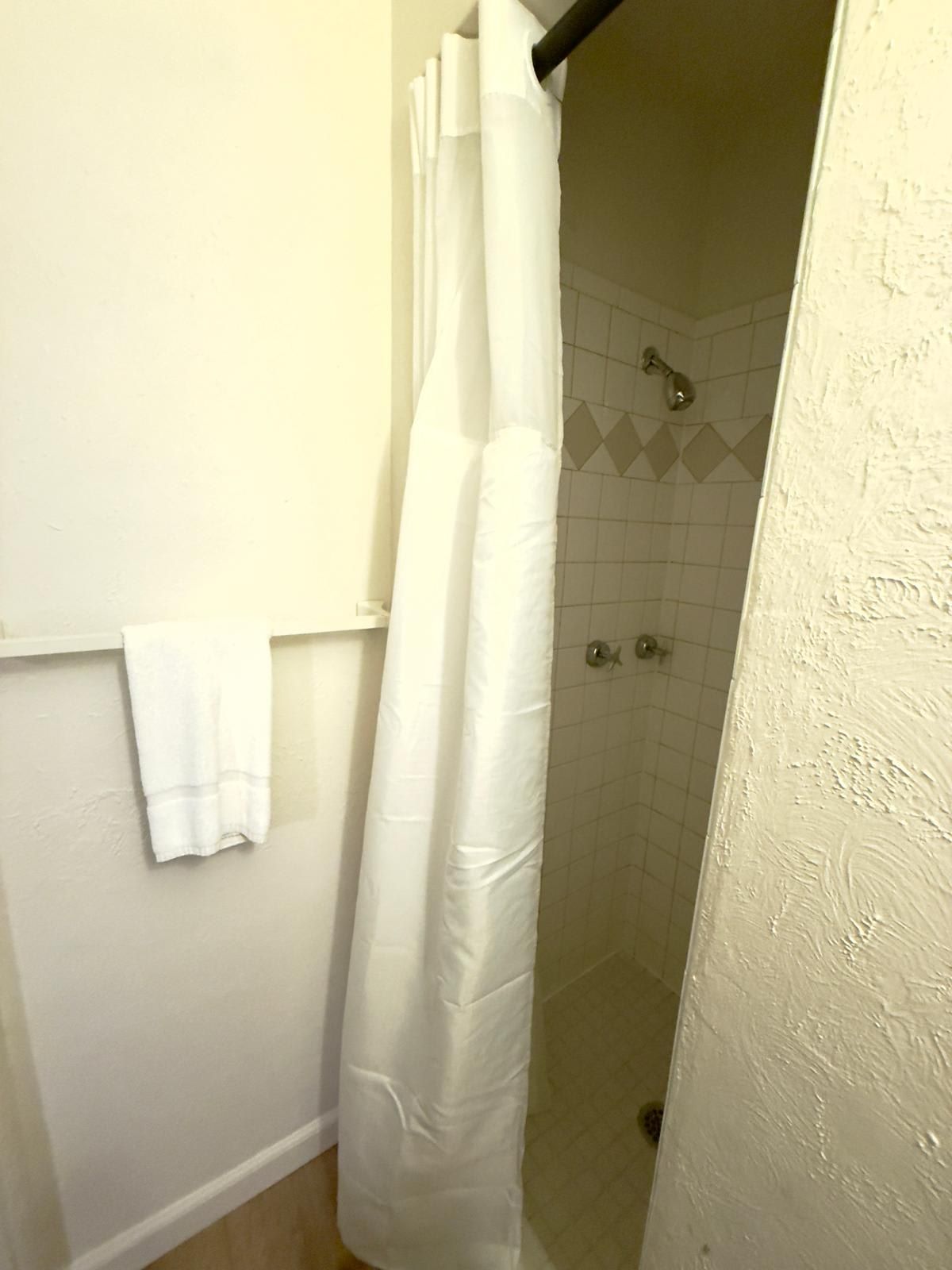 Une salle de bain avec un rideau de douche, une serviette accrochée au mur et une zone de douche carrelée.