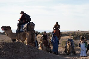 A group of people riding camels in a desert setting.