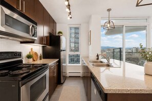A modern kitchen with a large window, stainless steel appliances, and a city view. - Luxe Retreat | BCPlace/Skytrain/View/Pool/Jacuzzi (Vancouver)