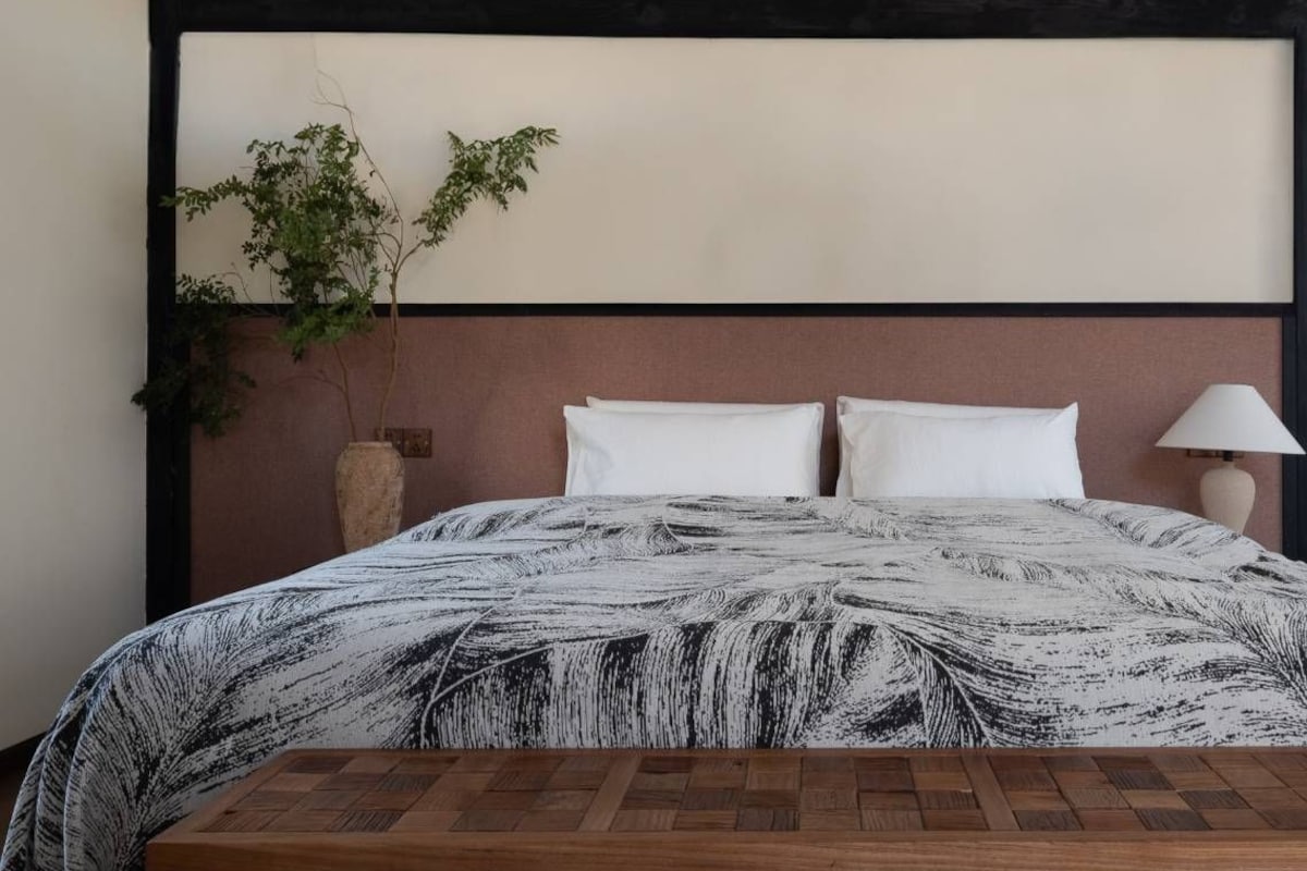 A bed with a patterned bedspread, a bedside lamp, and a plant.