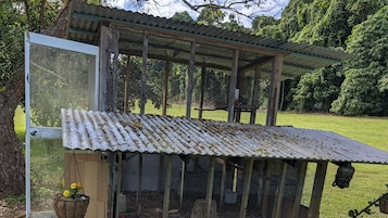 Estrutura de madeira rústica com telhado de metal corrugado, cercada por uma vedação de arame, situada em uma paisagem verde exuberante.