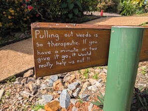 A wooden sign with white text in a garden setting. - Songbird Escape (Mission Beach)