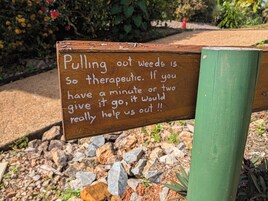 A wooden sign with white text in a garden setting.