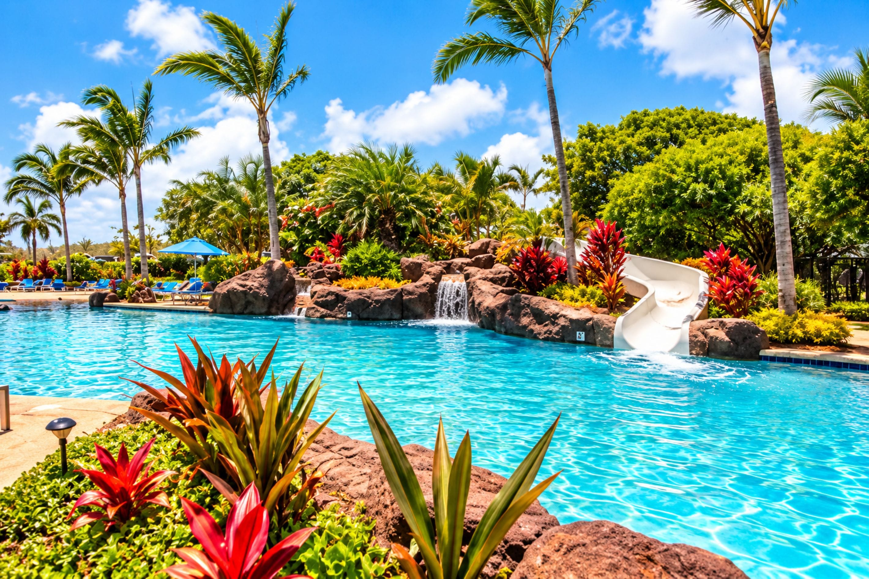 A pool with a waterfall, surrounded by palm trees and tropical plants.