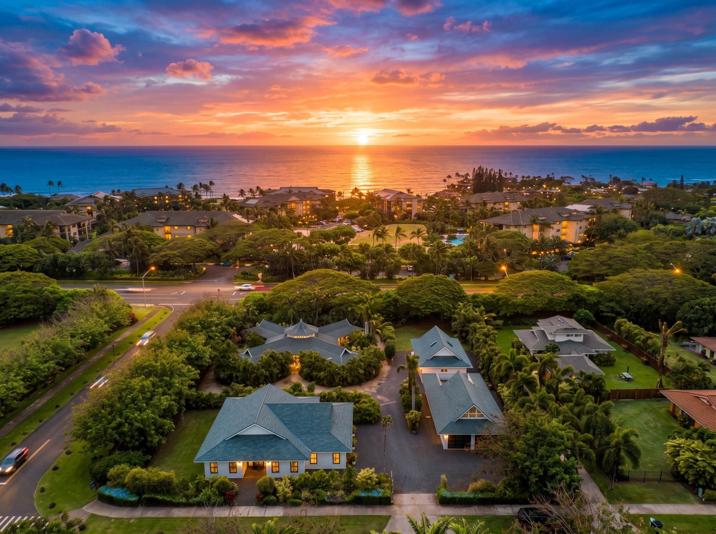 A residential area with houses, a swimming pool, and a sunset view.