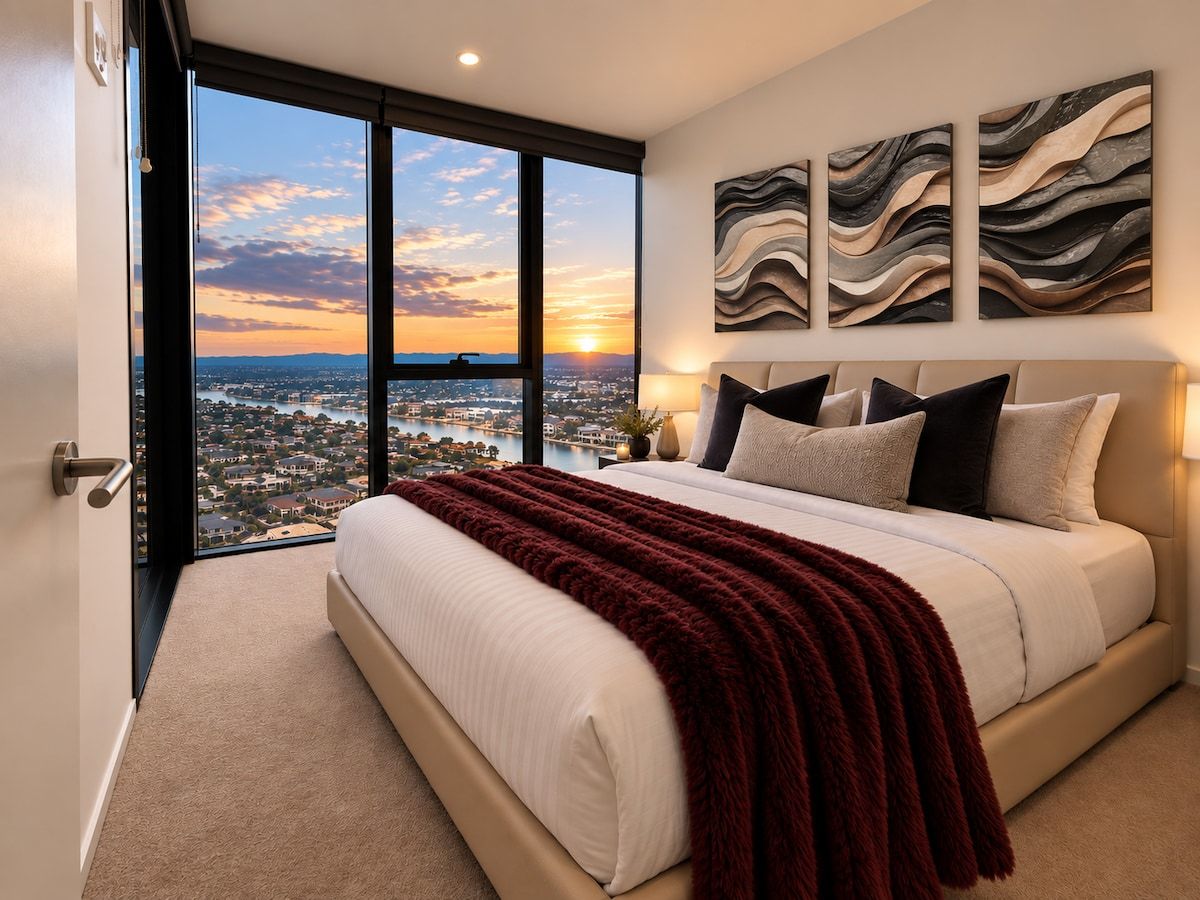 Un dormitorio con una cama grande, vistas a la ciudad y arte abstracto en la pared.