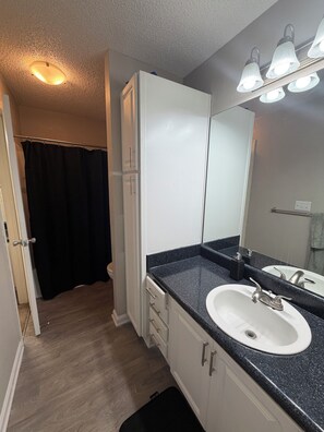 A bathroom with a white sink, a mirror, a black countertop, and a shower curtain. - Cozy 1-bedroom apartment in Union City. Modern And Cozy. (Union City)