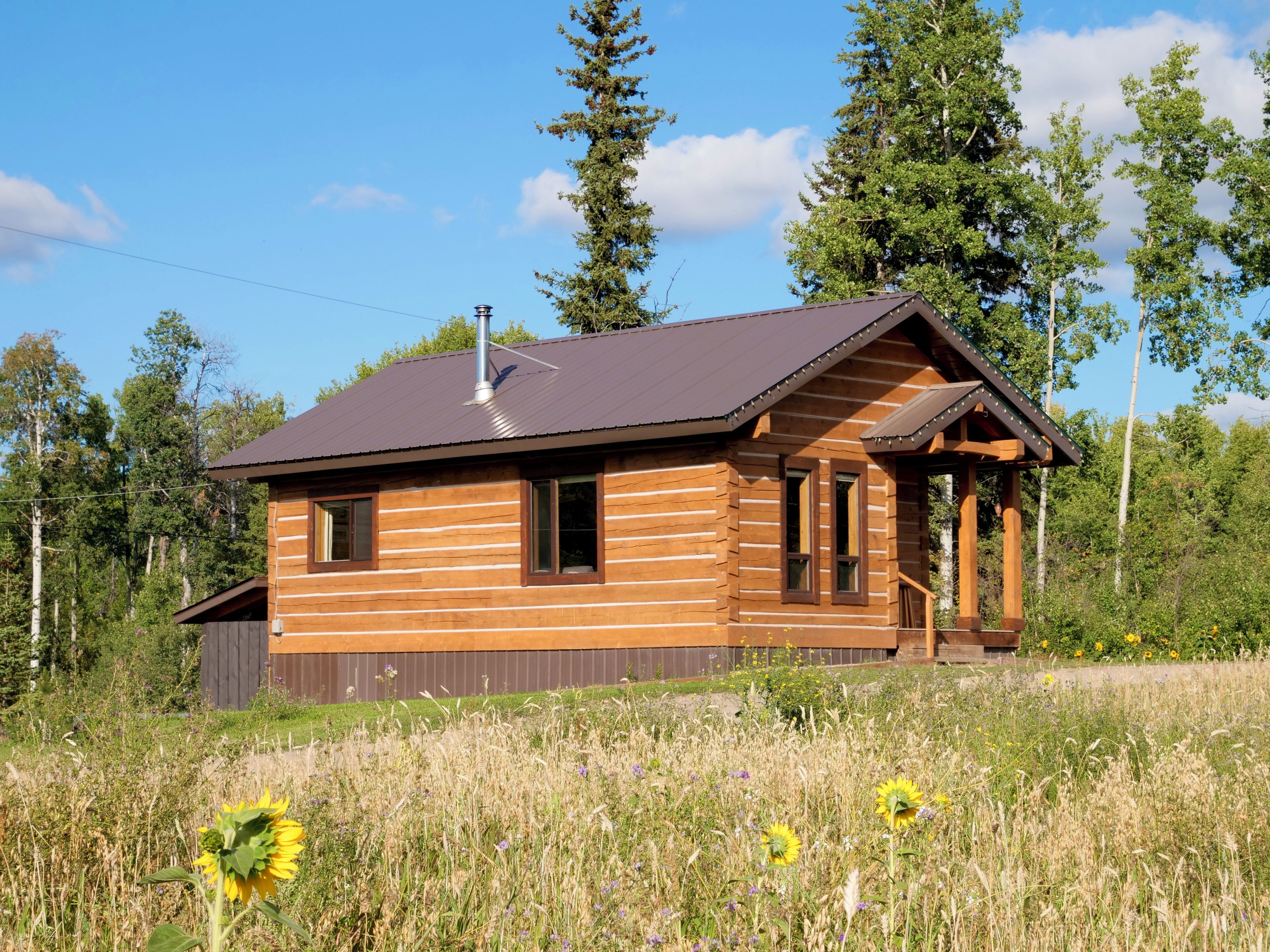A log cabin with a gabled roof, a chimney, and a porch with a railing.