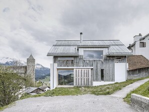A modern house with a metal roof, large windows, and a view of mountains.