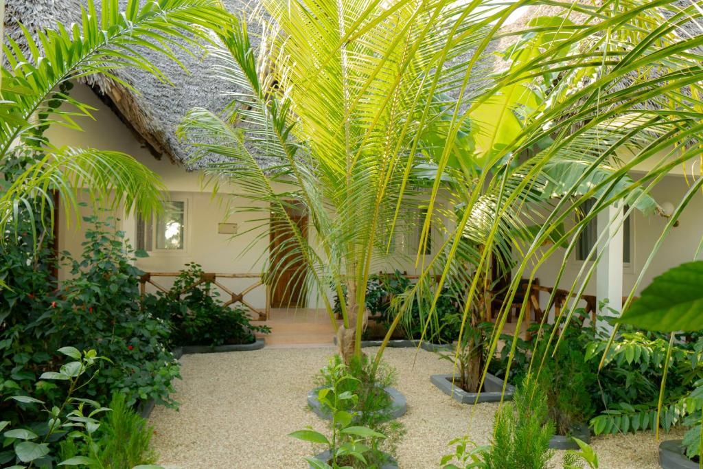 Un jardin tropical avec un bâtiment à toit de chaume, entouré de différentes plantes et bordé d’un chemin de gravier.