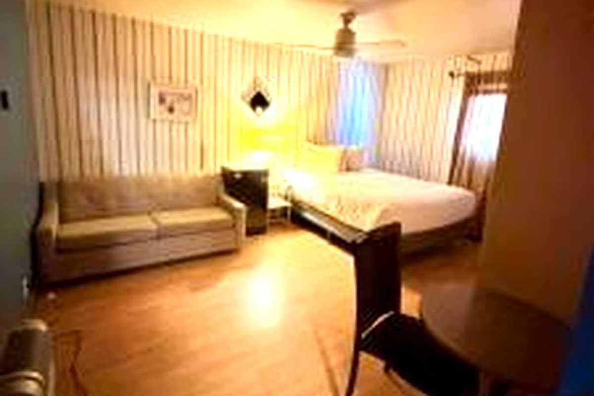 Una habitación de hotel con una cama, un sofá, un escritorio y una silla.