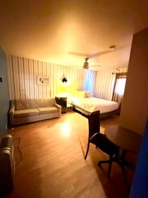 Una habitación de hotel con una cama, un sofá, un escritorio y una silla.