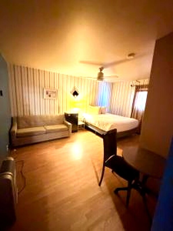 A hotel room with a bed, a sofa, a desk, and a chair.