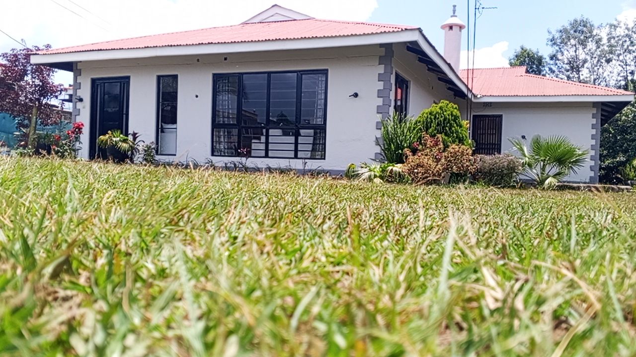 A single-story house with a red roof, a chimney, and a front yard with grass and plants.