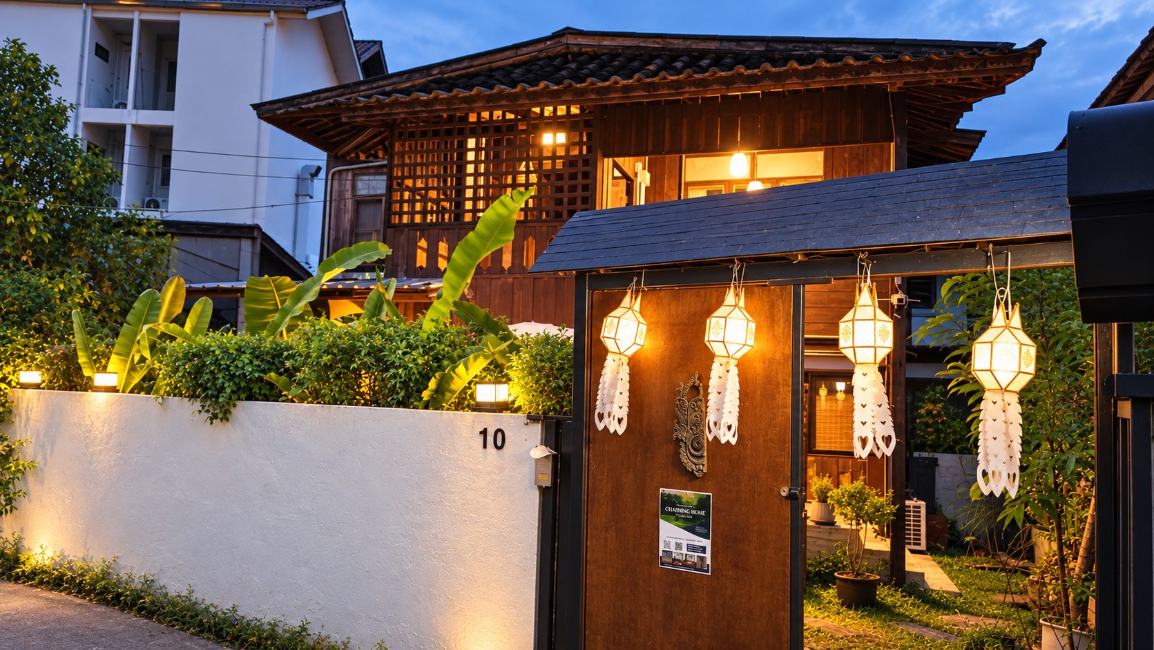 A traditional wooden house with a number 10 sign, a wooden gate, and decorative hanging lanterns.