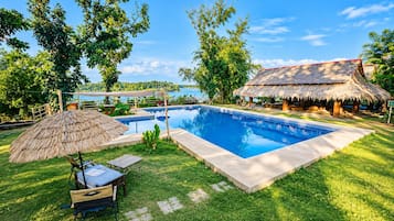 A swimming pool with a thatched-roof structure, surrounded by grass and trees.