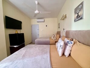 Ein Hotelzimmer mit einem Bett, einem Flachbildfernseher, einem Deckenventilator, einer Klimaanlage und einer Tür.