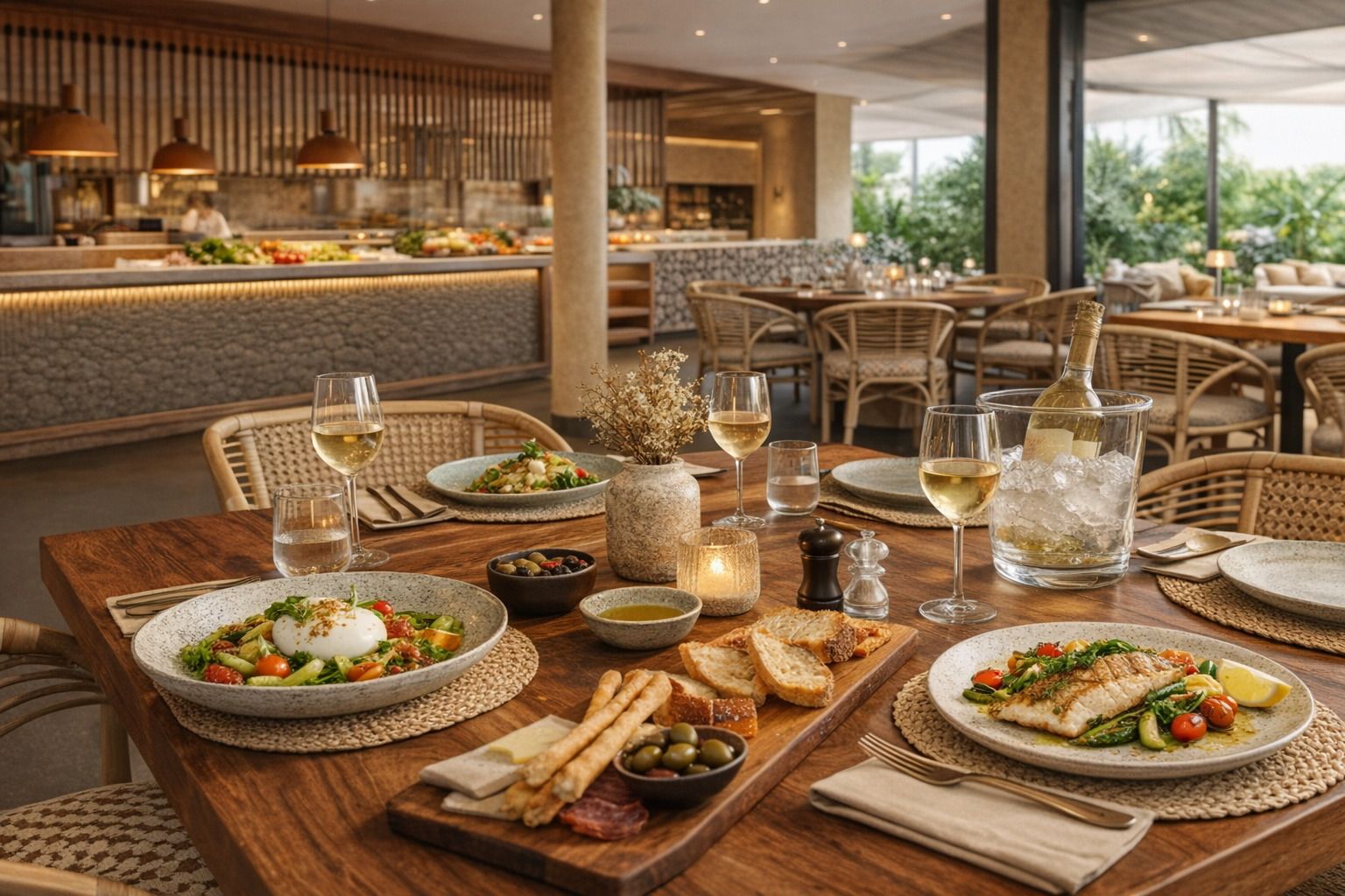 A restaurant setting with tables set for dining, featuring plates of food, glasses of wine, and a variety of condiments.