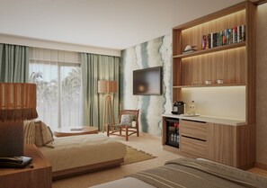 A hotel room with a bed, a desk with a telephone, a chair, a bookshelf, a television, and a coffee machine. - HD Sensarena (Teguise)