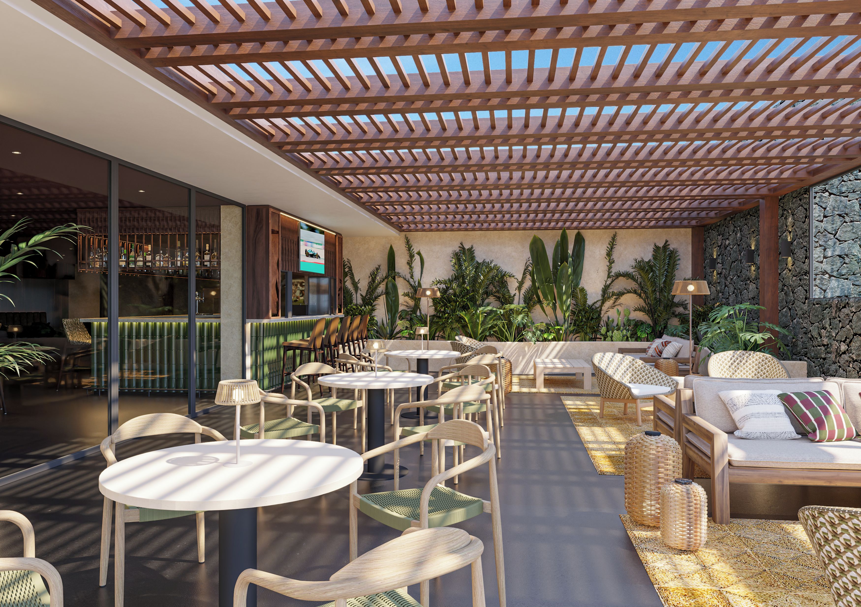An outdoor seating area with round tables and chairs, a wooden pergola, and lush greenery.