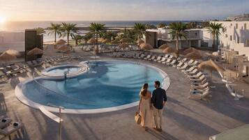 A pool area with lounge chairs and umbrellas, overlooking a beach and ocean.