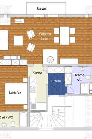 A hotel floor plan with a balcony, living room, kitchen, dining area, entrance, and WC. - Pierenhus Appartement/Fewo, Dusche, WC, Balkon 2-Zimmerwohnung by Interhome (Adelboden)