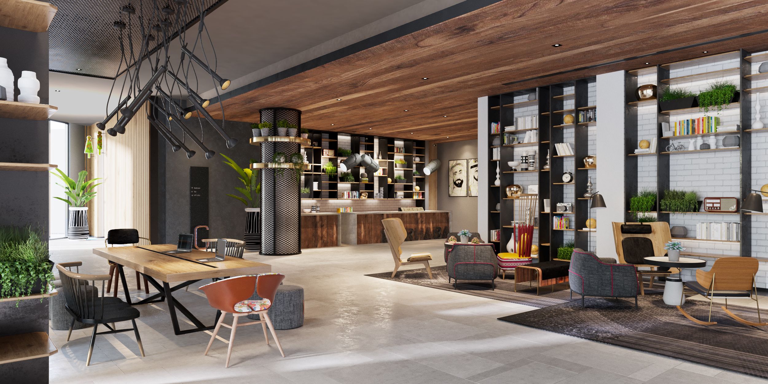 A modern living space with a wooden ceiling, a dining area with a table and chairs, and a large bookshelf filled with books and decorative items.