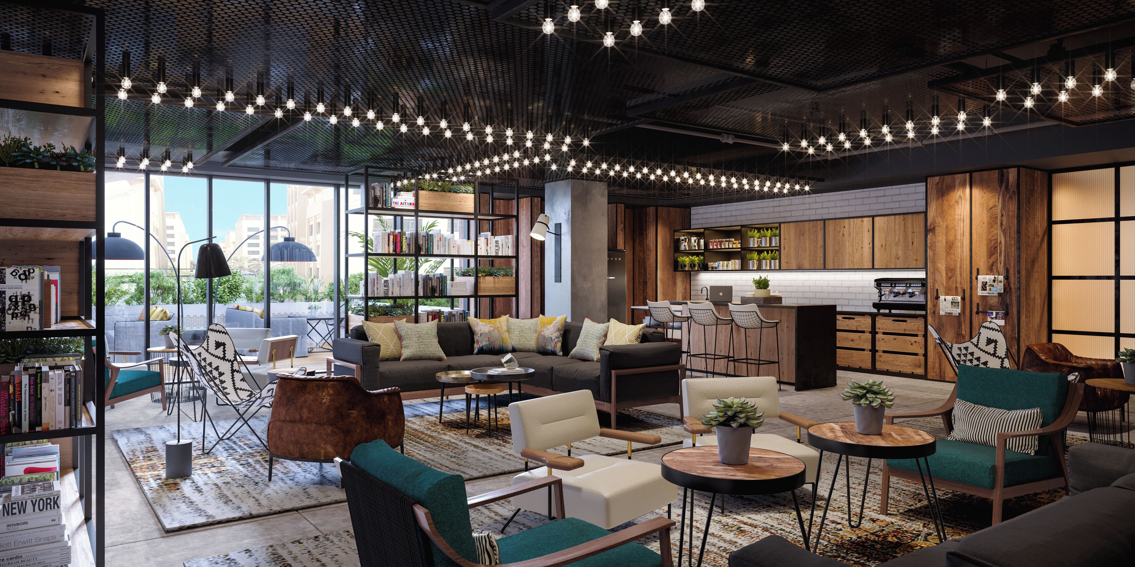 A modern interior with a living area, kitchen, and bar area.