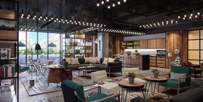 A modern interior with a living area, kitchen, and bar area.