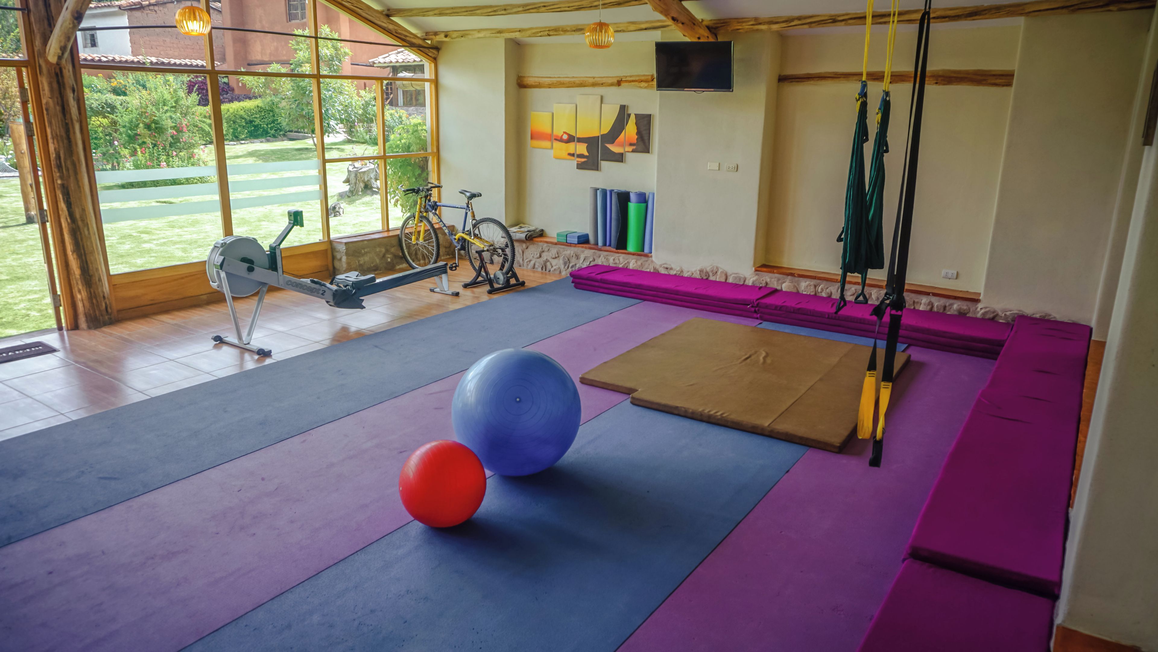 Un gimnasio con equipo de ejercicio, colchonetas y un amplio ventanal con vistas a un jardín.