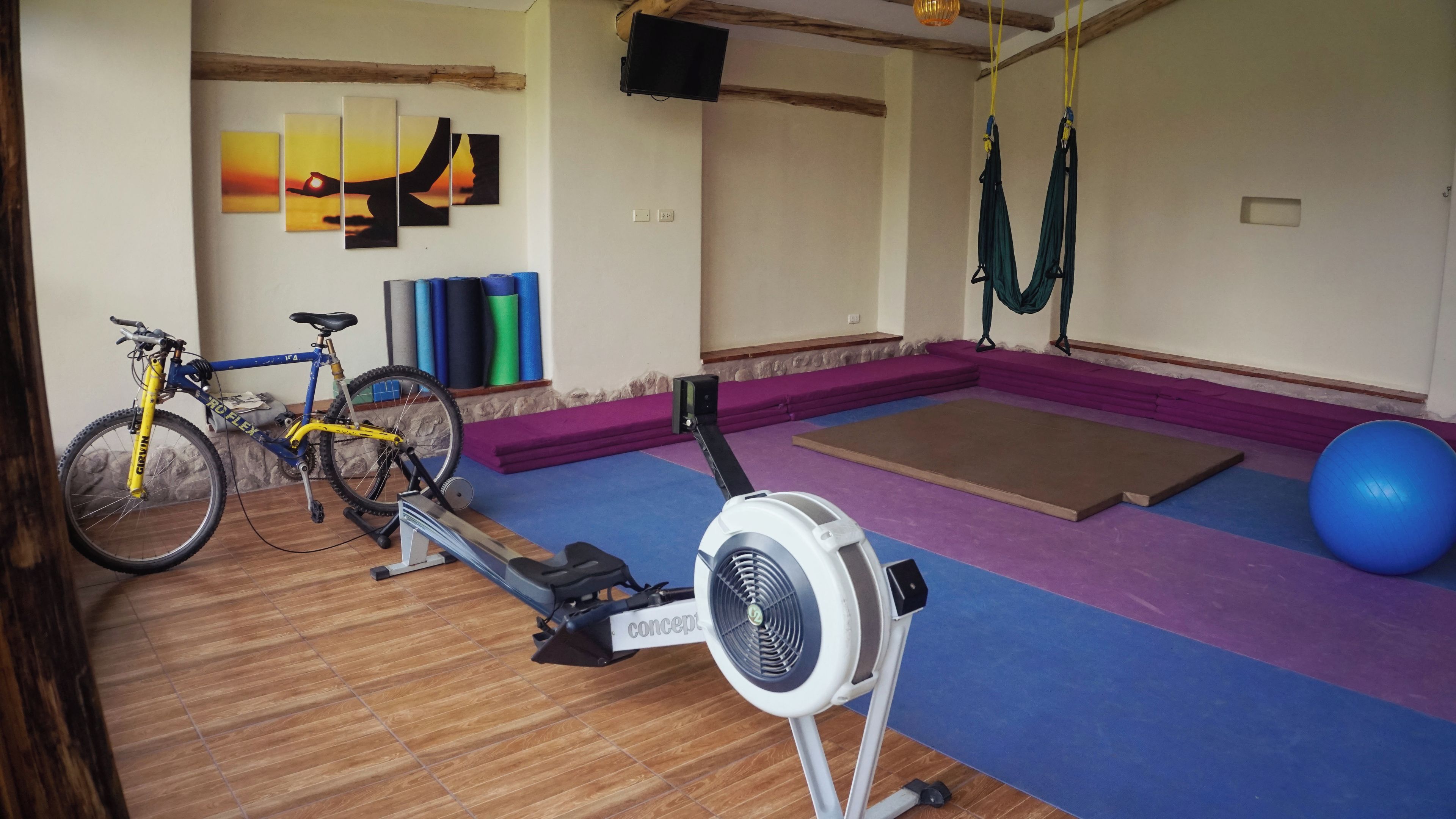 Une salle de sport équipée de matériel d’exercice, d’un vélo d’appartement, de tapis de yoga et d’un ballon d’exercice bleu.