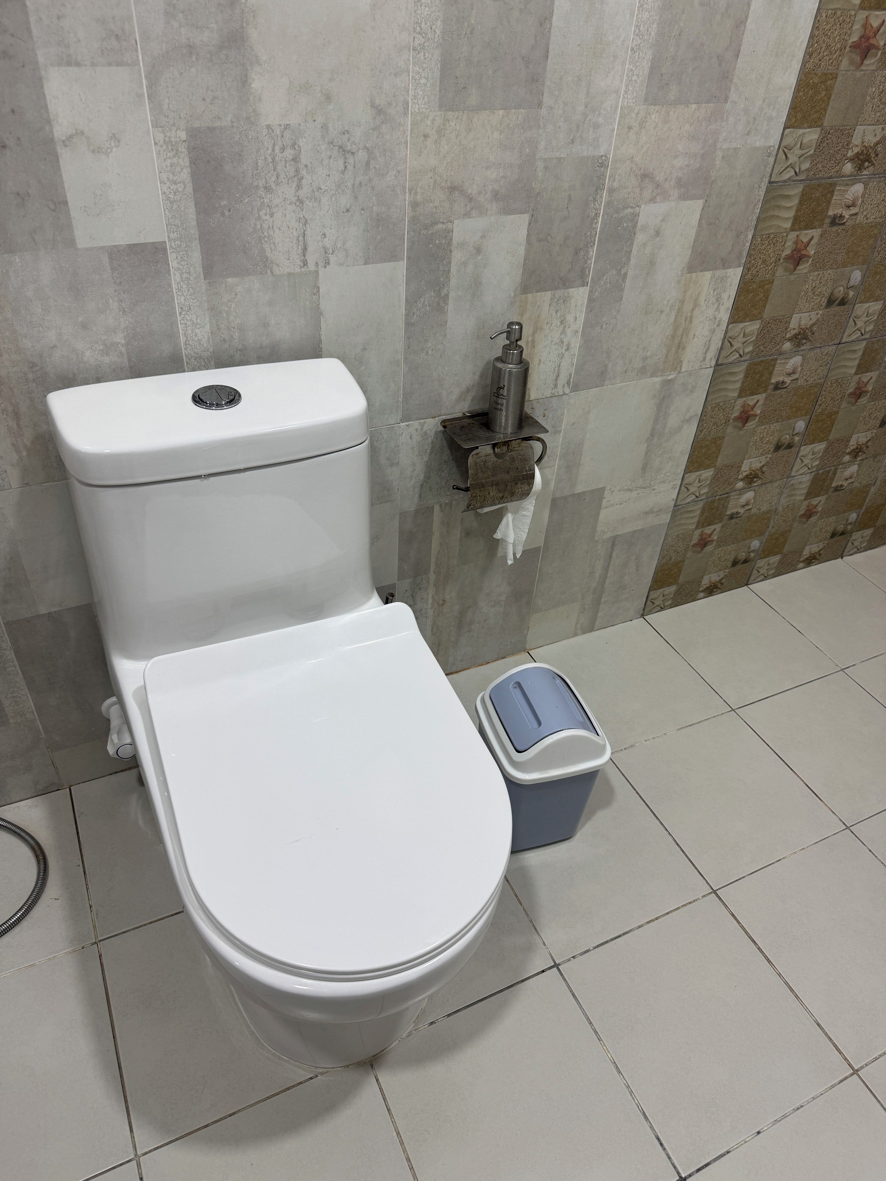 A white toilet with a flush handle, a small trash bin, and a paper towel dispenser mounted on the wall.