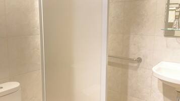 Un baño con inodoro, ducha con puerta de cristal y lavamanos con espejo arriba.
