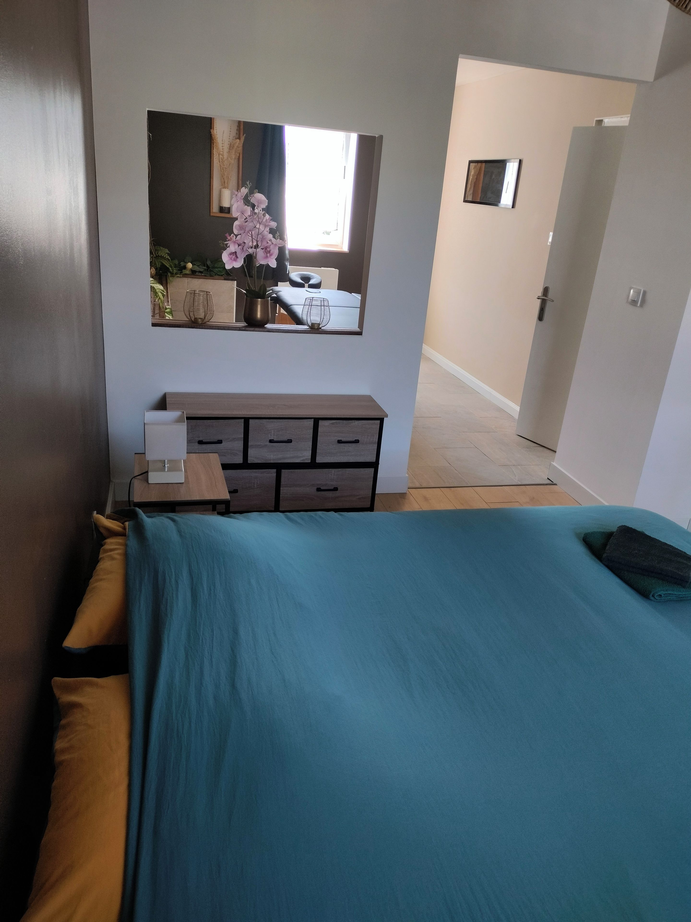 Een slaapkamer met een bed, een dressoir, een spiegel en een deur.
