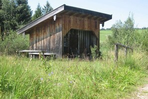 Eine rustikale Holzhütte mit geneigtem Dach, umgeben von hohem Gras und Wildblumen.