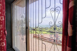 A window with metal bars and a view of a green landscape.